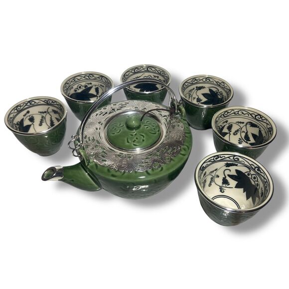Teapot Set with 6 Cups Green Ceramic 925 Silver Lotus Pattern Tea Ceremony - Picture 1 of 9
